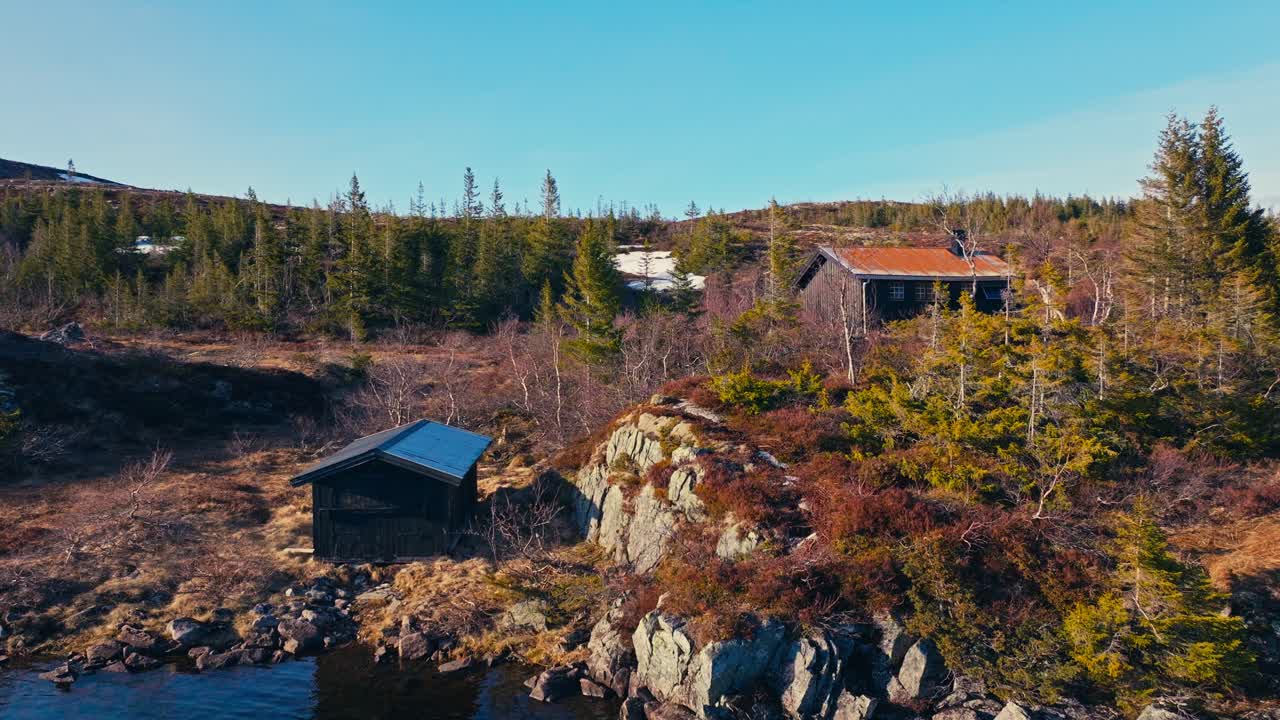 Cottages By The Lake, Reinsjoen Lake In Norway - Drone Shot