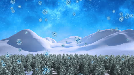 animación de nieve cayendo sobre el abeto en el paisaje de invierno