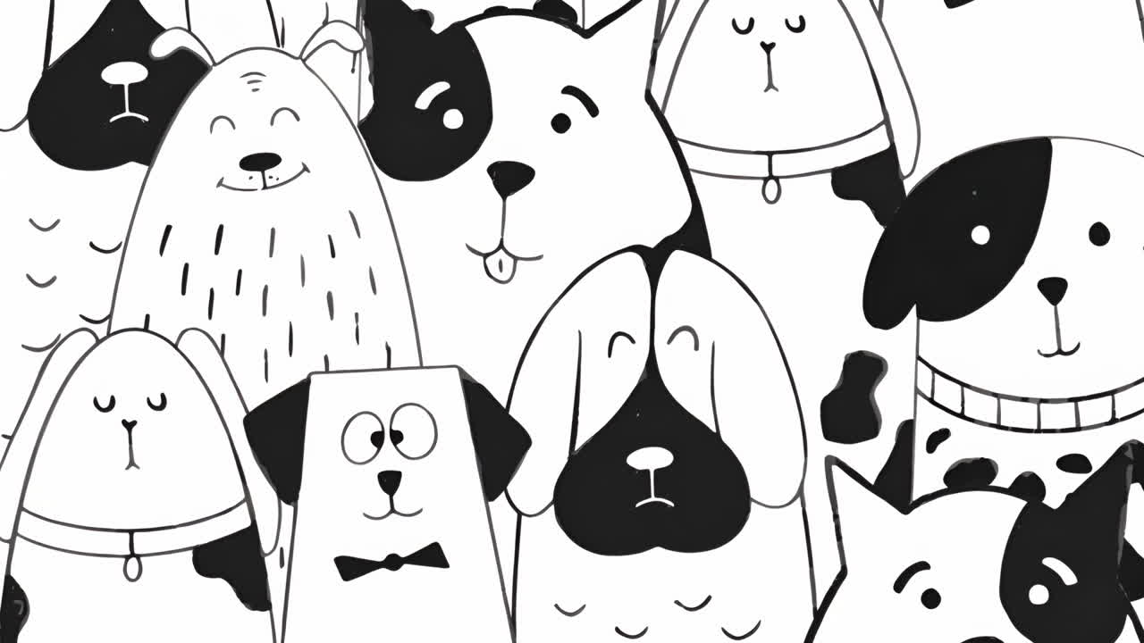 A collection of stylized black and white cartoon dogs