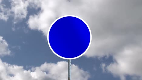 Animation-of-road-sign-and-clouds-on-blue-background