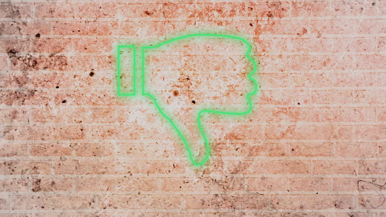 animación de pulgares de neón brillantes hacia abajo icono en la pared de ladrillo