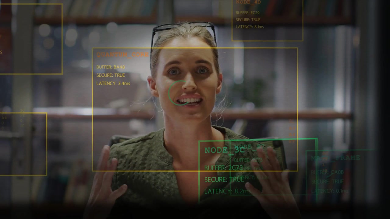 On cue woman starting to speak, gesturing and waving while HUD overlays tracking presentation