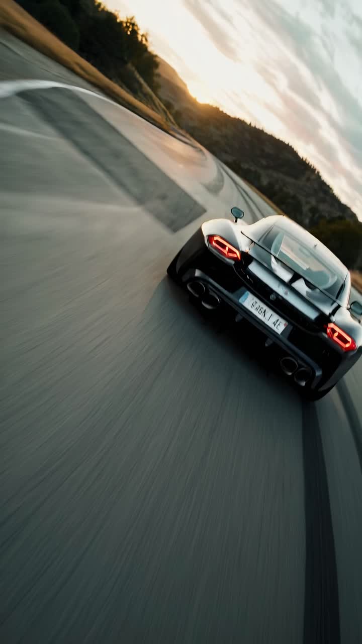 Dynamic rear view of a sleek sports car on a winding road at sunset, captured from a low angle