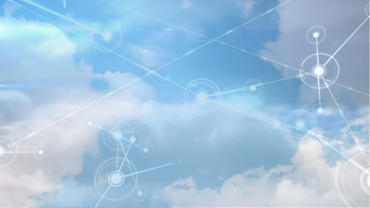 하늘의 밀집된 구름의 공중 시야에서 선으로 연결된 점들의 애니메이션