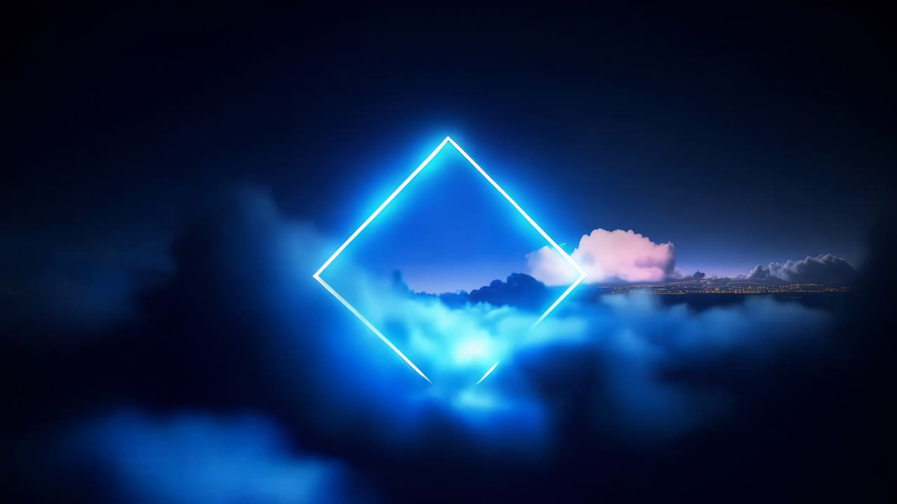 Neon blue rhombus in the clouds on the sky