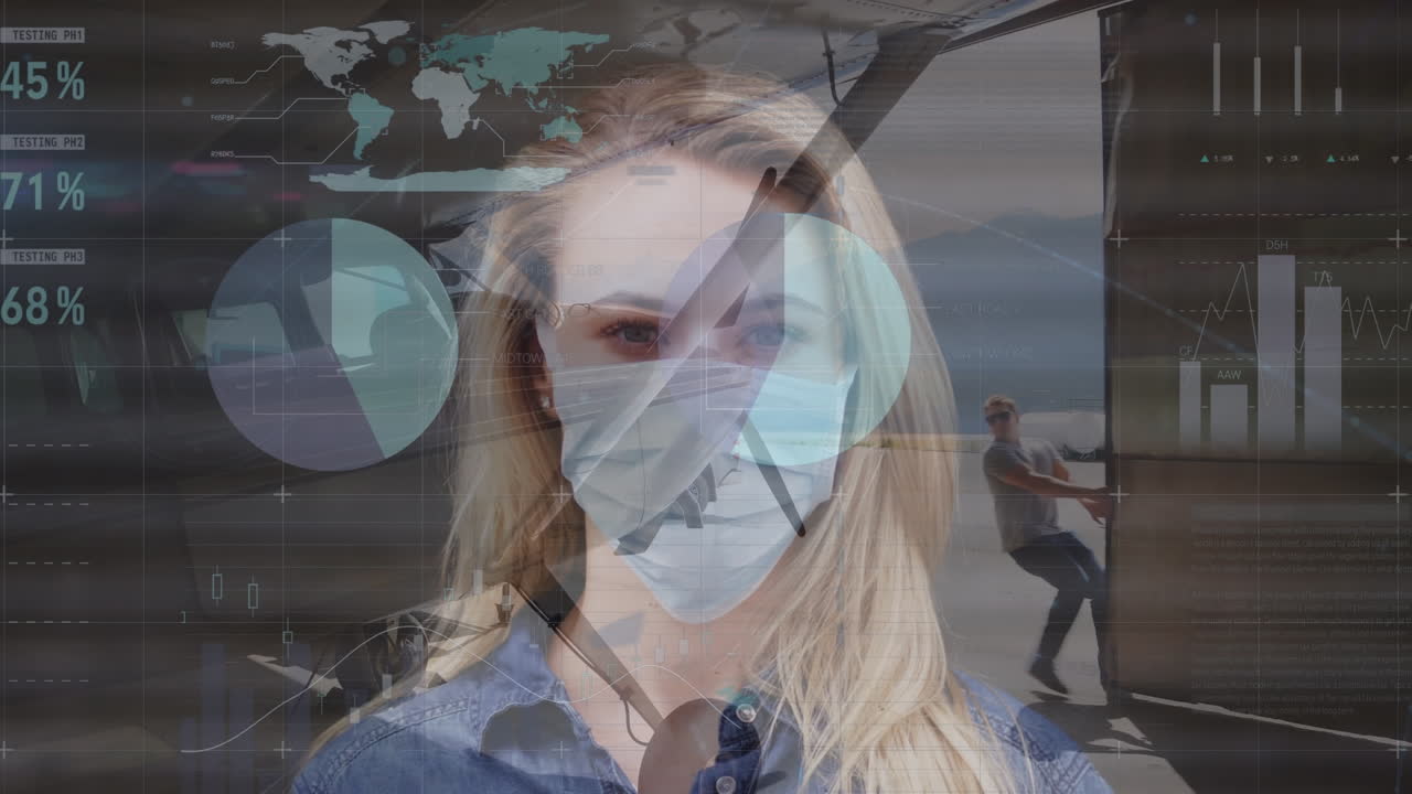 animación de procesamiento de datos sobre mujeres caucásicas que llevan máscara facial