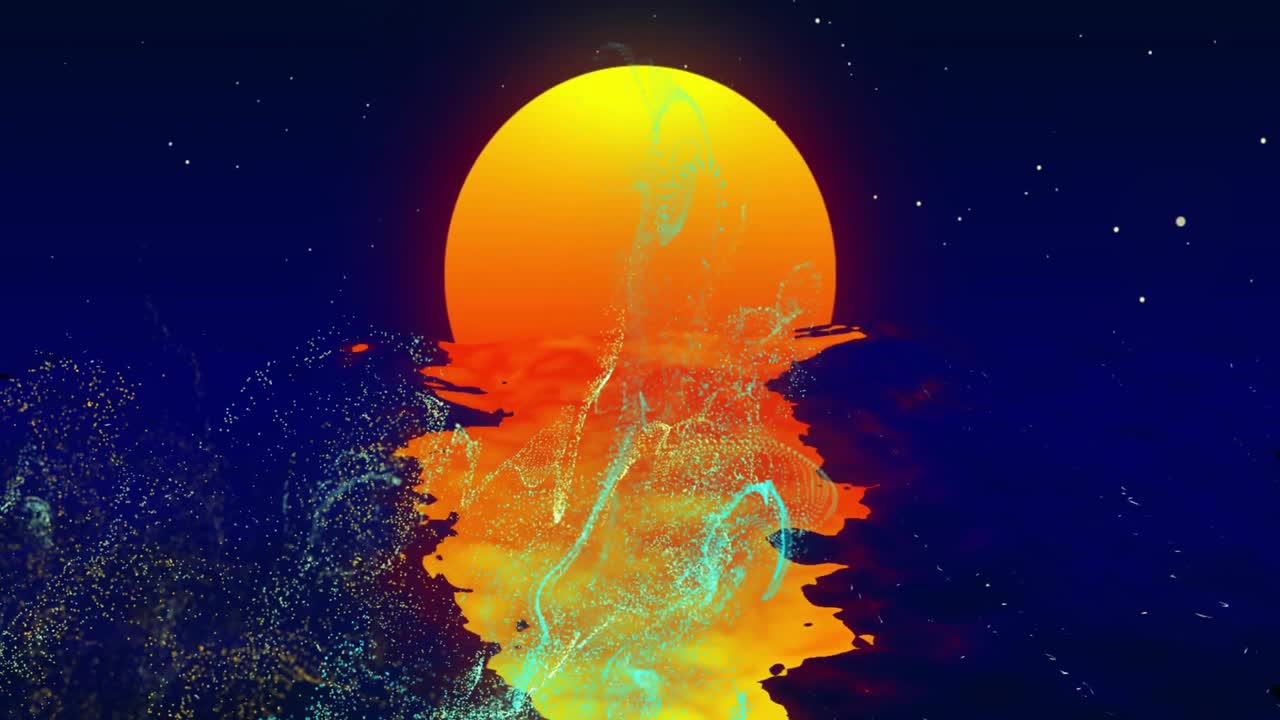 Glowing orb floating over reflective sea surface, blue-green particles spiraling through navy sky