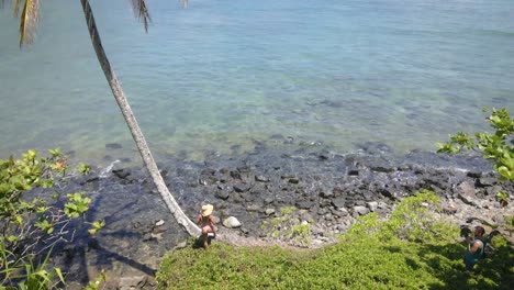 with a pink bikini and straw hat, a woman poses elegantly by a palm tree on a hawaiian beach