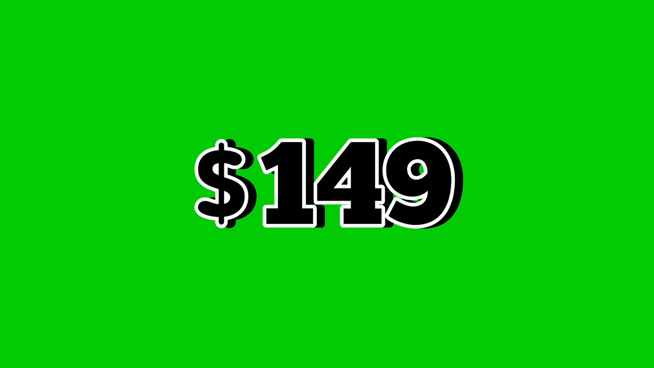Animation price tag $149 Dollars with smoke effects motion graphics on green screen background. Perfect for ads, e-commerce, retail, discounts, and promotion business concept video element