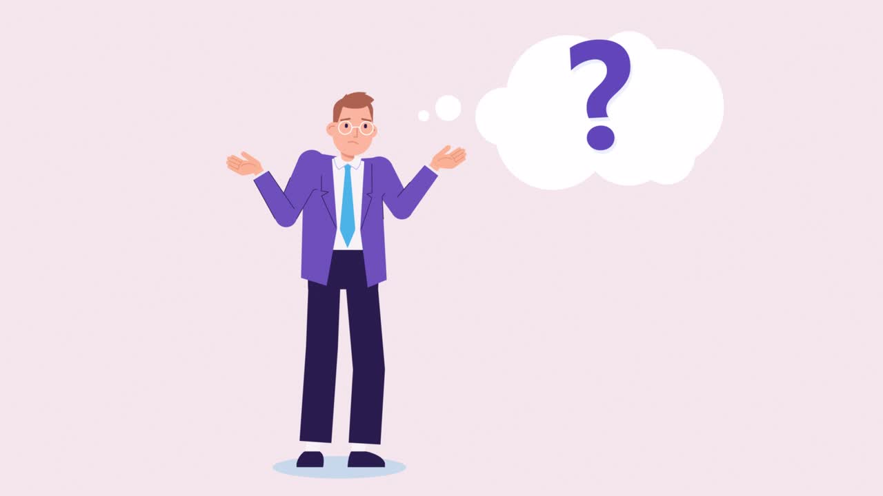 생각하고 답을 찾는 사업가, 어깨를 끄덕이며, 불확실성, 질문, 해결책이 없는 개념, 캐릭터 애니메이션, 절망감, 좌절감, 그의 얼굴.