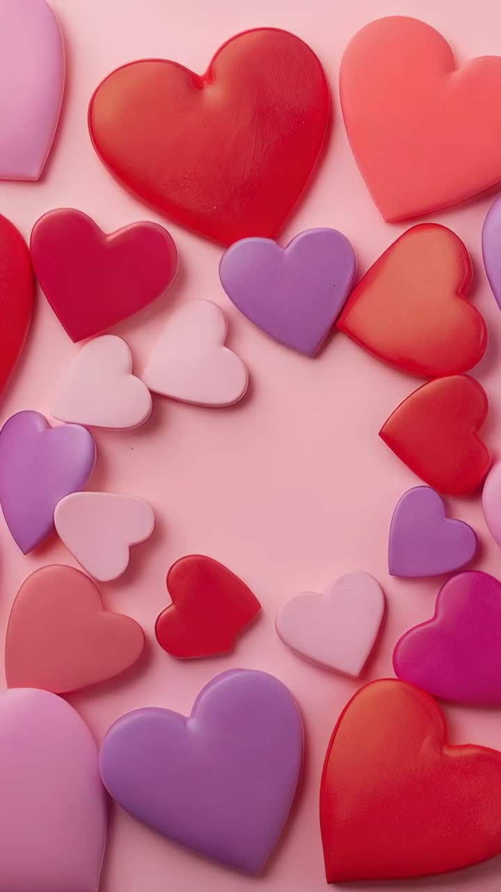 Video verticale: frammenti di cuore fluttuanti che entrano nell'inquadratura, formando una vignettatura densa su una superficie rosa chiaro