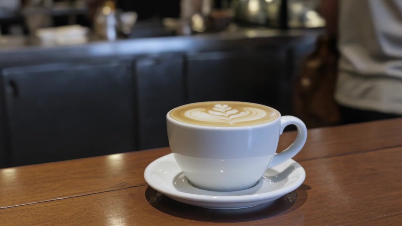 Tazza di ceramica bianca su piattino con latte art a forma di foglia su bancone di legno, clienti in avvicinamento.