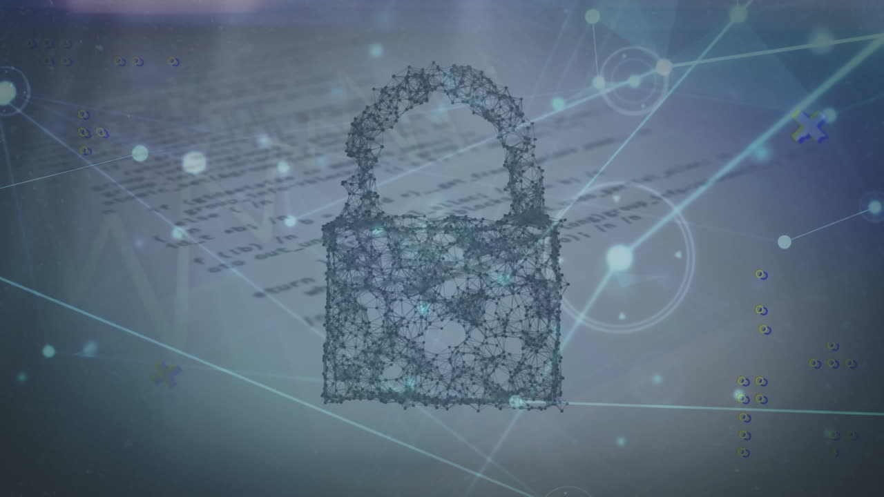 animación del candado, la red de conexiones y el procesamiento de datos sobre fondo negro