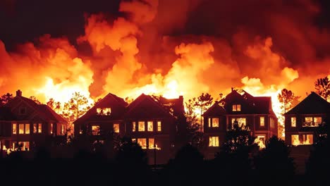 a large fire is raging in a residential area at night