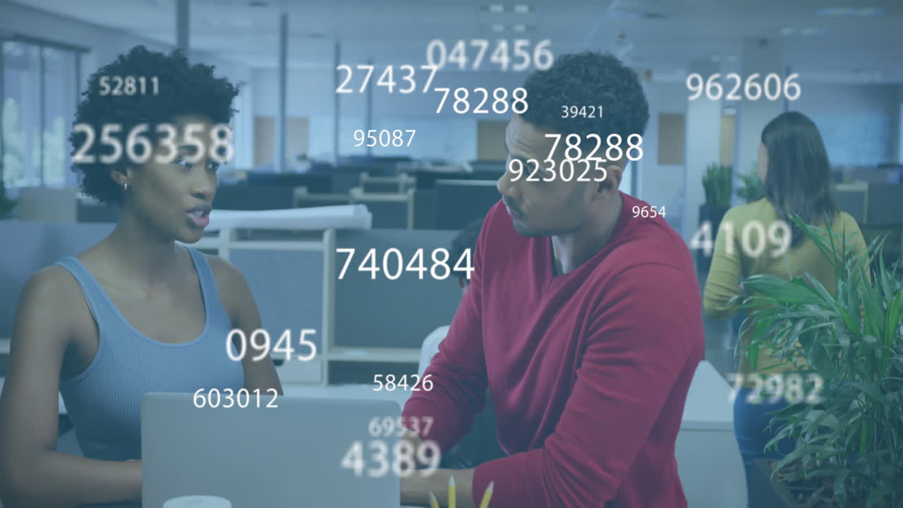 Animation of numbers and data processing over diverse business people in office