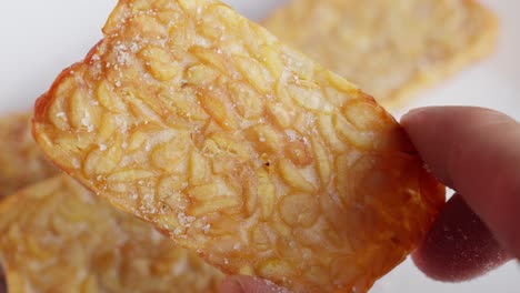 Closeup-Shot-Hand-Holds-Fried-Tempe-Indonesian-Fermented-Soy-beans-Sliced-Salted-Vegan-Dish