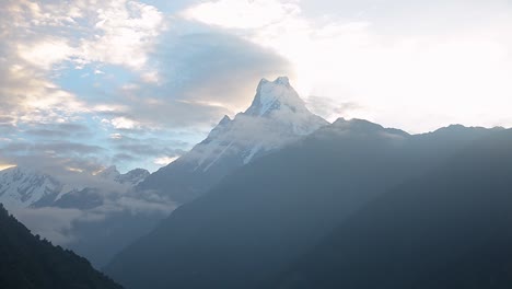 Machapuchare---The-Fishtail-Mountain,-Nepalese-Himalayas---Sunrise-Timelapse