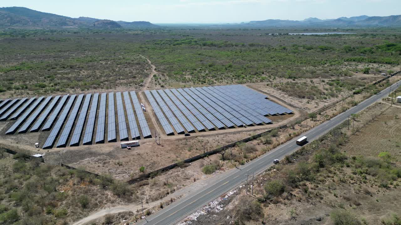 Aerial drone view of solar energy facility, renewable power generation