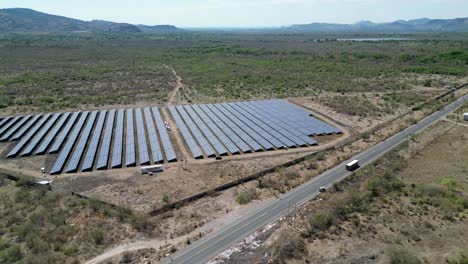 aerial drone view of solar energy facility, renewable power generation