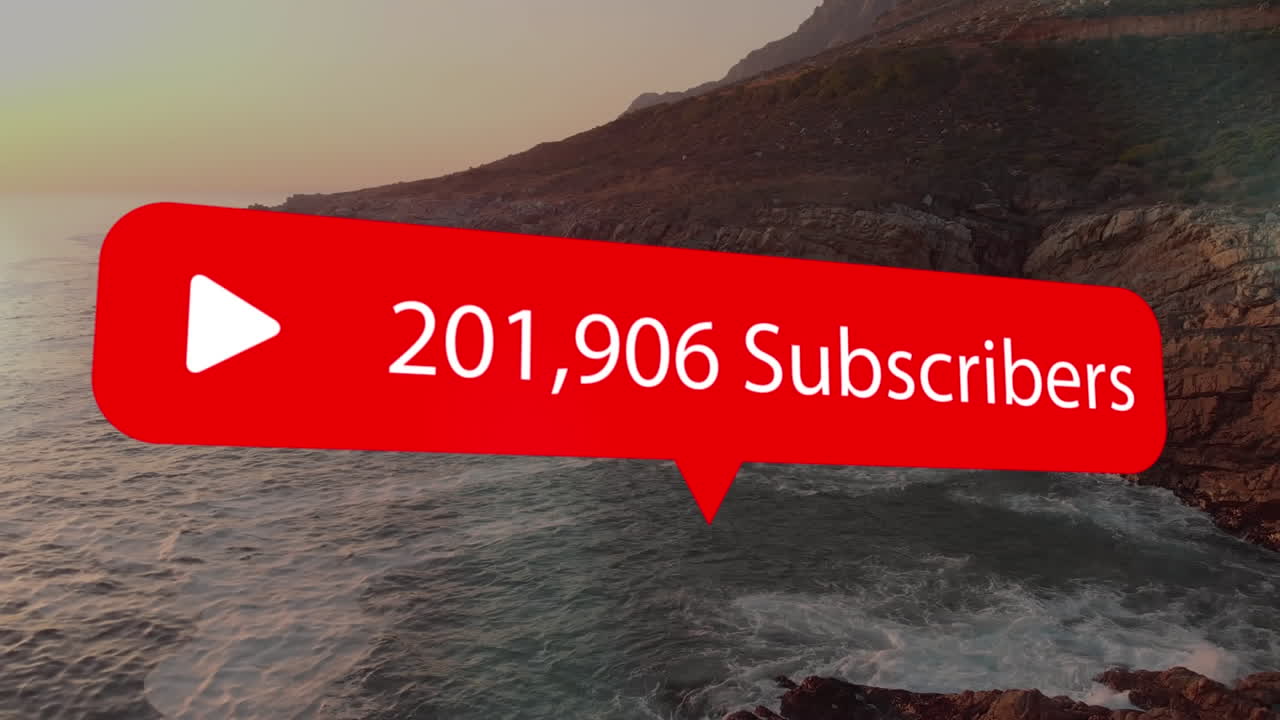 소셜 미디어 아이콘의 애니메이션과 해양 연안의 구독자 텍스트