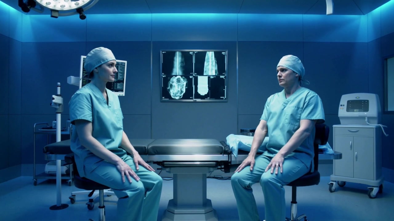 Leaning two surgeons responding to monitor scans in OR, wearing scrubs, sitting and discussing case