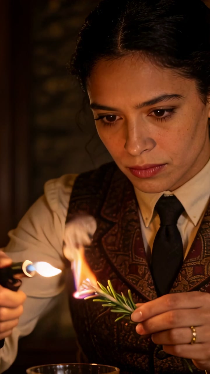 Vertical video: Using lighter, woman in vest igniting rosemary sprig at dim table, controlling burn