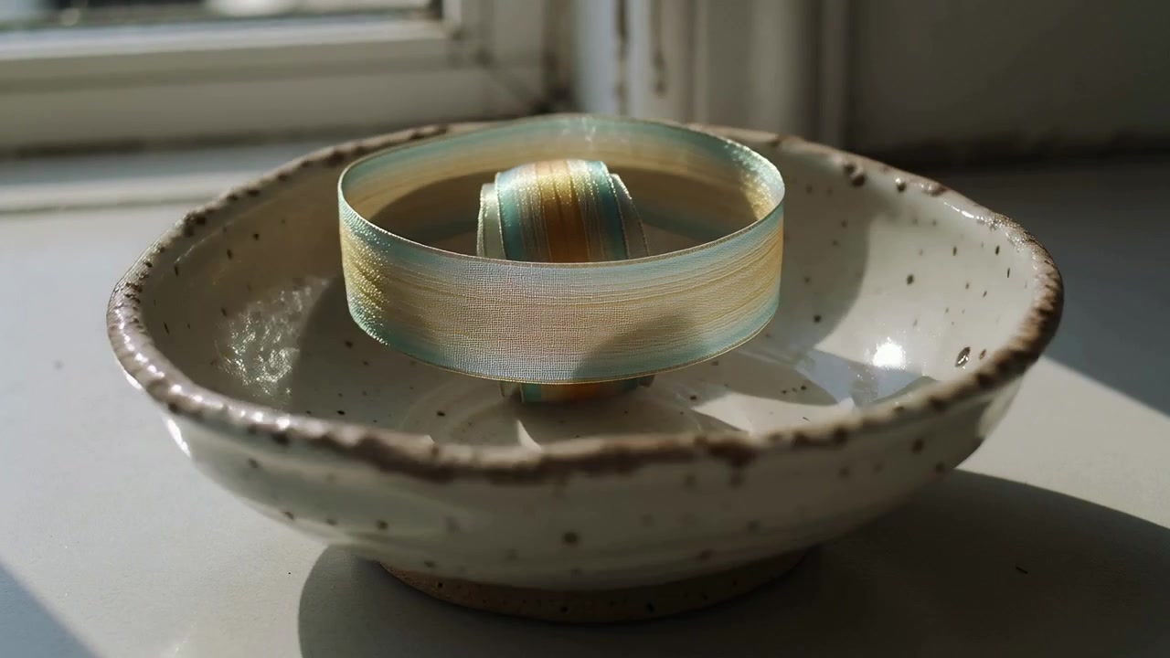 Rotating iridescent band and ring shifting inside speckled ceramic bowl at window, camera shifting