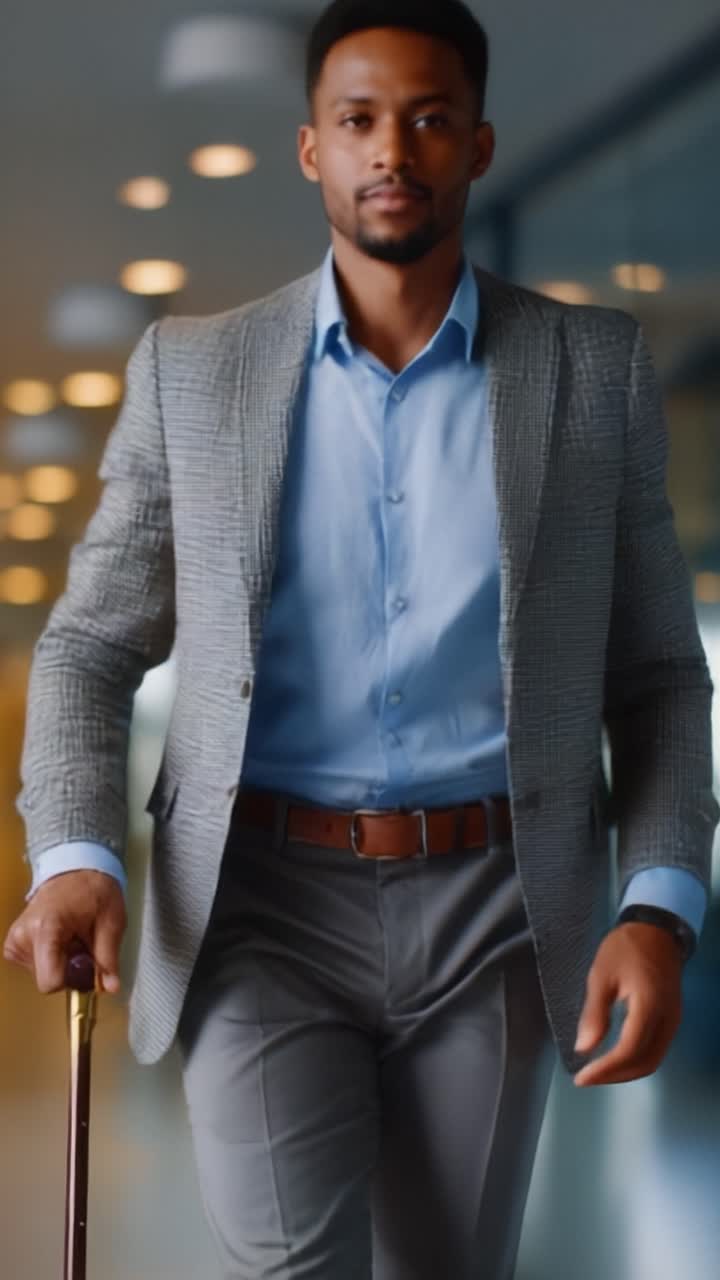 Un uomo sicuro di sé, in un elegante blazer grigio e una camicia blu, cammina lungo un corridoio moderno mentre tiene un bastone, mostrando raffinatezza ed eleganza.