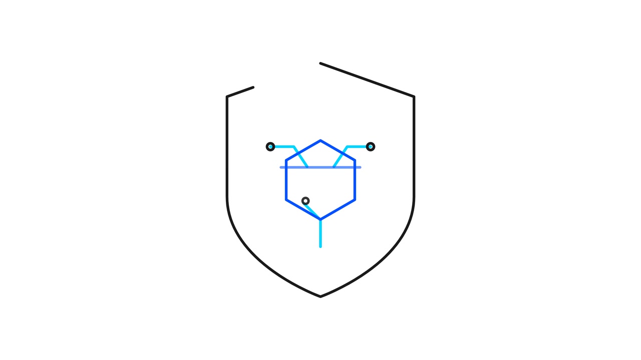 Dibujo lineal animado de un icono de escudo con detalles geométricos