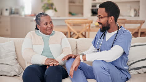 happy man, doctor and patient on sofa in support