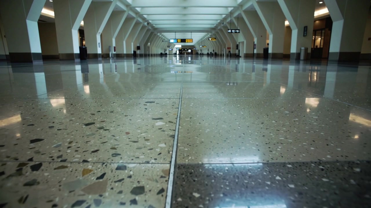 Cámara baja moviéndose hacia adelante, mostrando el suelo de terrazo y guiando la vista hacia la señalización del aeropuerto.