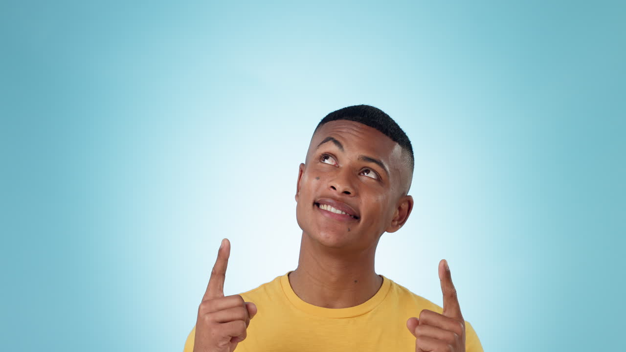 Happy, man and pointing up to news