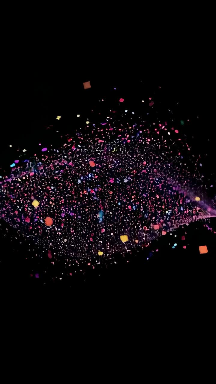 Vertical video: Initiating multicolored particle shapes fanning across dark void showing data flow