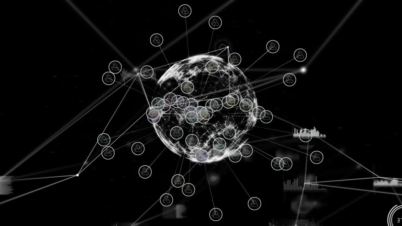 Animation of globe over network of connections and data processing