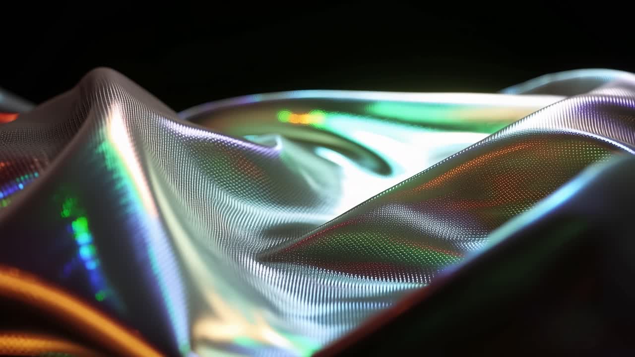 Shimmering fabric glows with iridescent hues. Soft folds ripple under gentle light. Dark background enhances color brilliance. Ideal for luxury design or abstract art