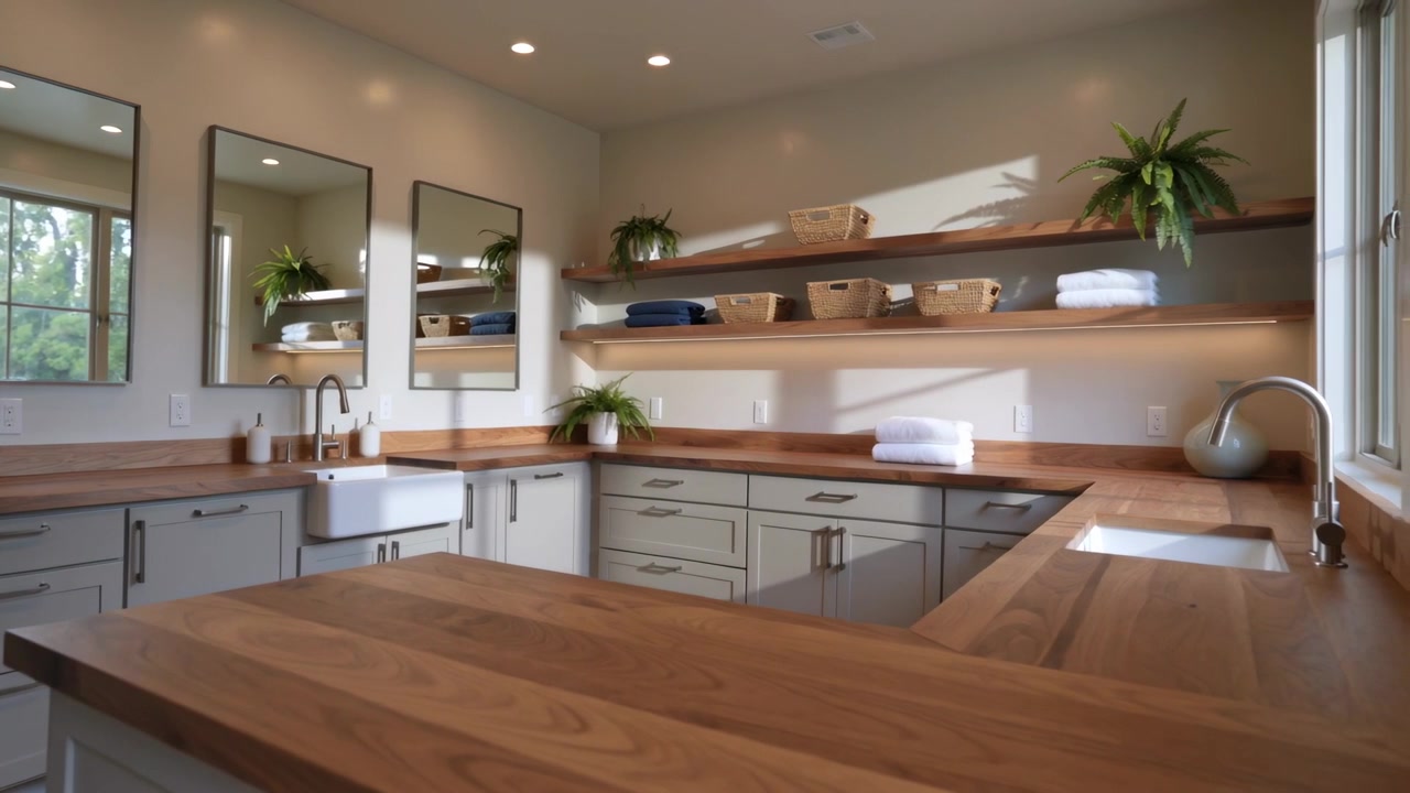 Dolly starting sliding camera moving through utility room, revealing wood counter, farmhouse sink