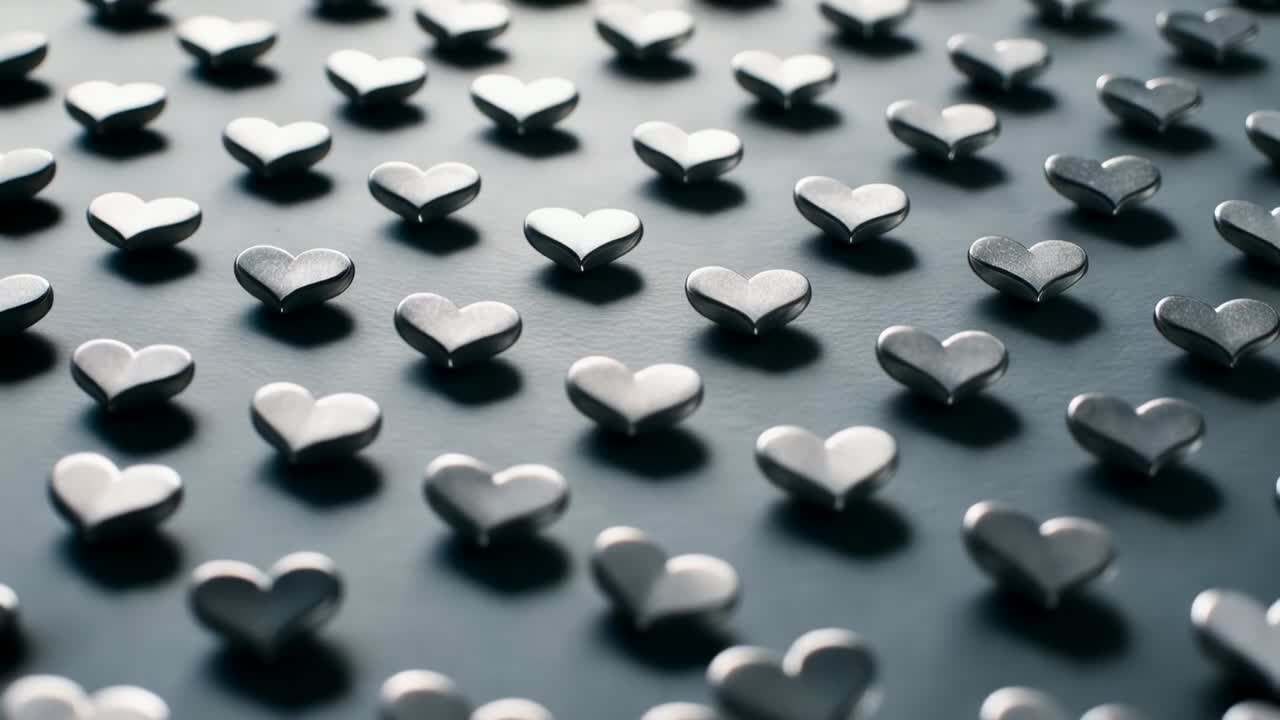 Movimento della camera che mostra borchie a forma di cuore in acciaio con spostamento del piano focale su una piastra scura che rivela una griglia