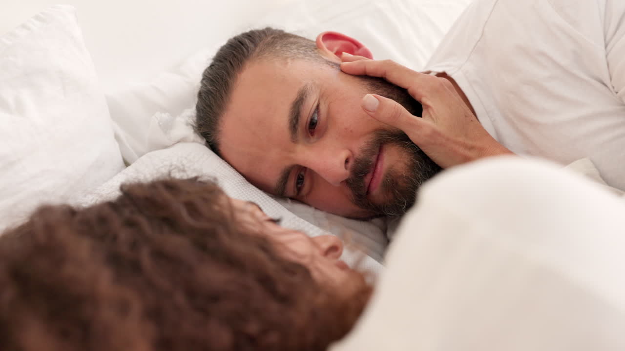 Happy couple, bedroom fun and morning bonding
