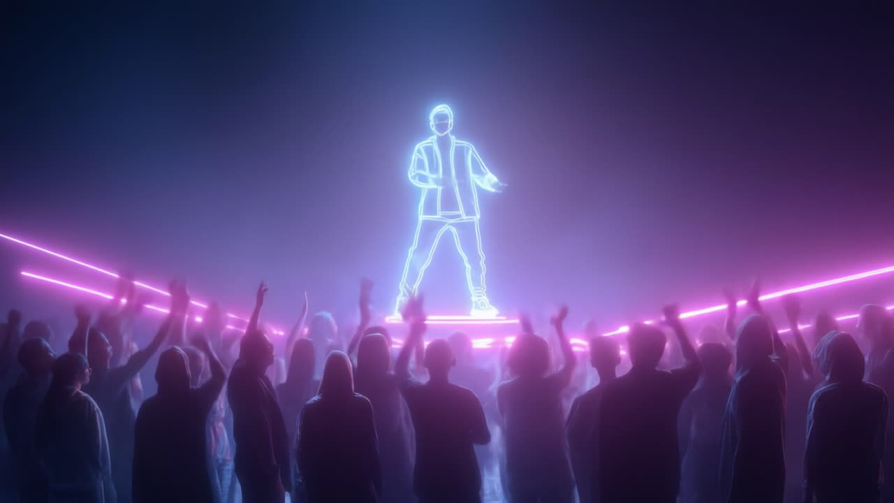 A mesmerizing spectacle unfolds as a lone, illuminated figure stands confidently atop a glowing platform, surrounded by an enthusiastic crowd, captivated by the energetic atmosphere and vibrant light displays that enhance the experience
