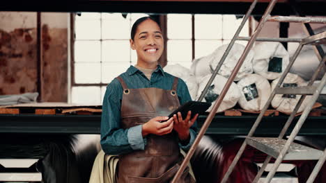 Woman,-warehouse-and-ladder-by-shelf