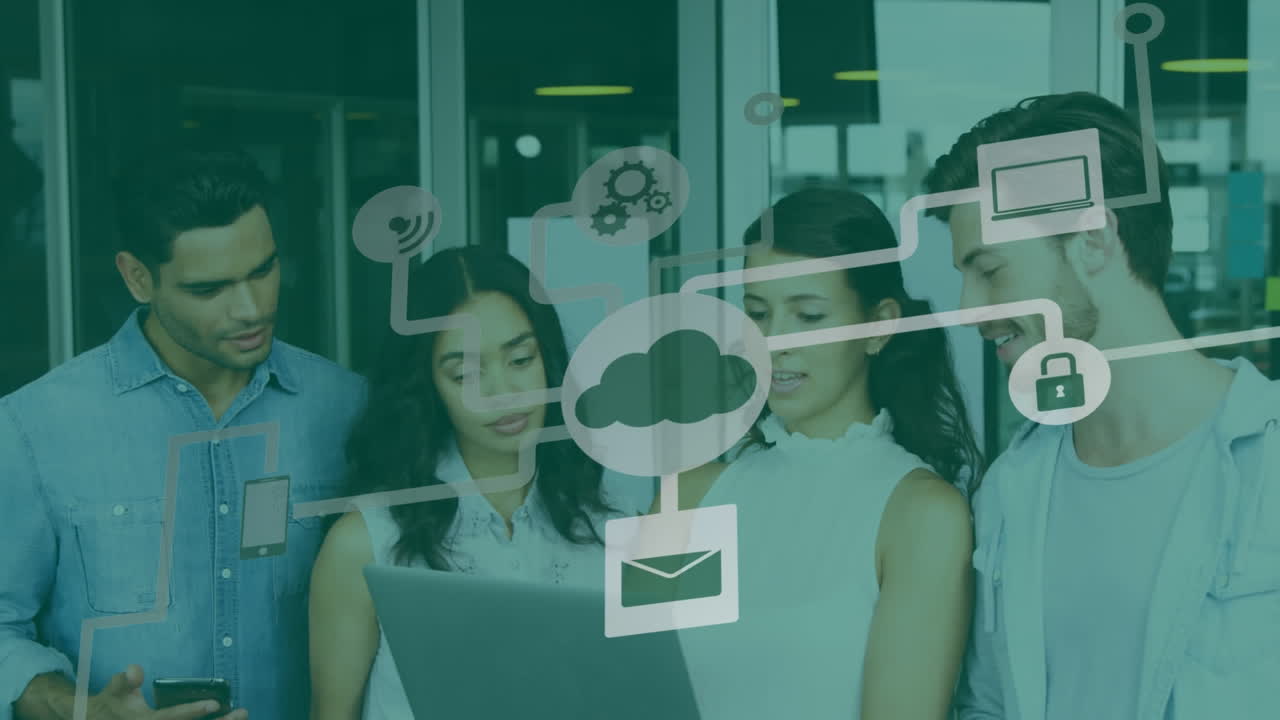 iconos de conexión de red contra colegas de oficina discutiendo sobre la computadora portátil