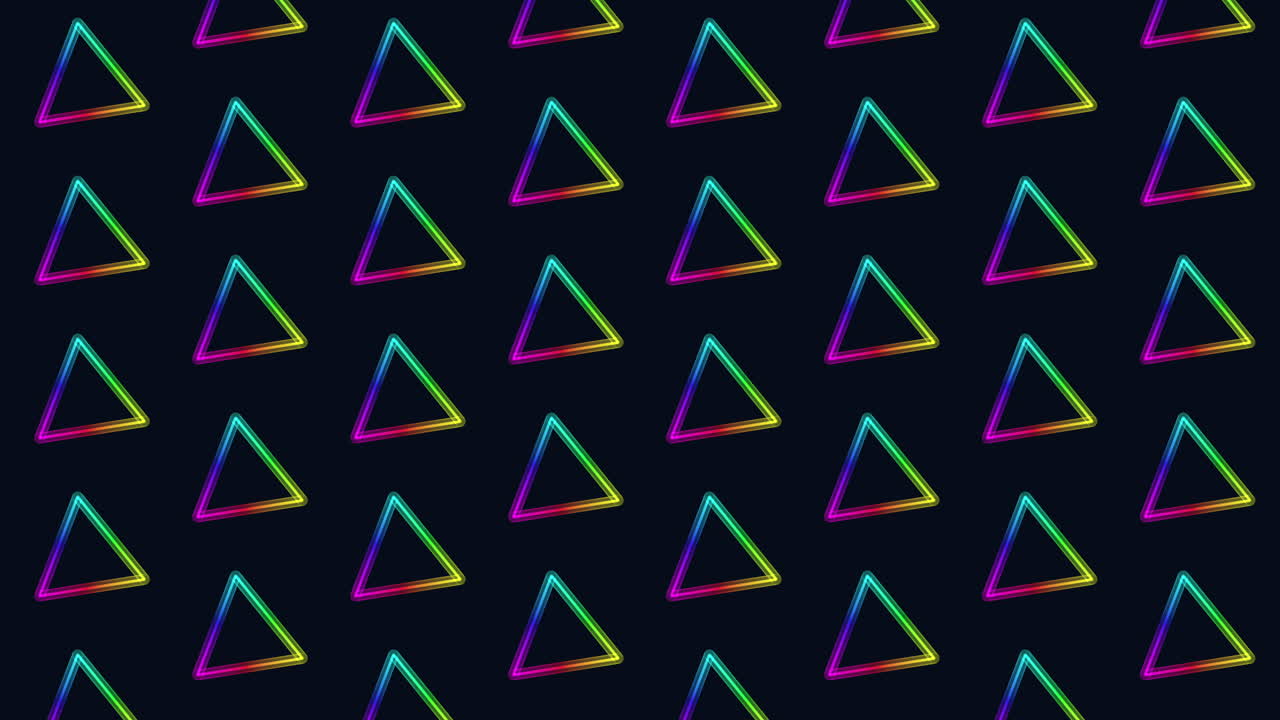Vibrant and symmetrical pattern of colorful triangles on a black background. The overlapping shapes create a visually captivating design with bright, striking colors