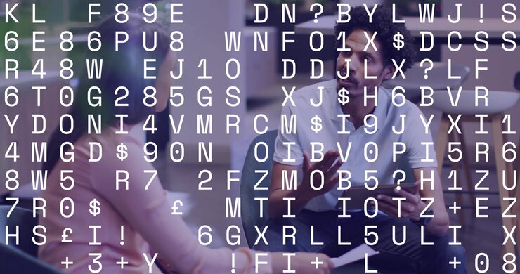 Man tapping tablet and showing business data to coworker in lounge, code overlay obscuring