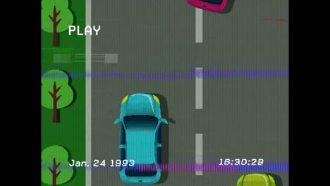 Animación-De-La-Interfaz-Digital-Del-Juego-En-La-Pantalla-Con-Un-Juego-De-Carreras-De-Autos-En-Segundo-Plano