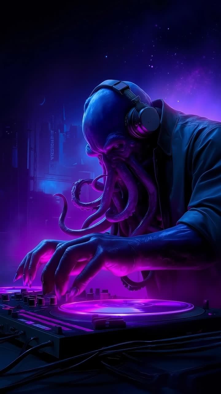 An octopus dj playing music on a turntable in a dark room