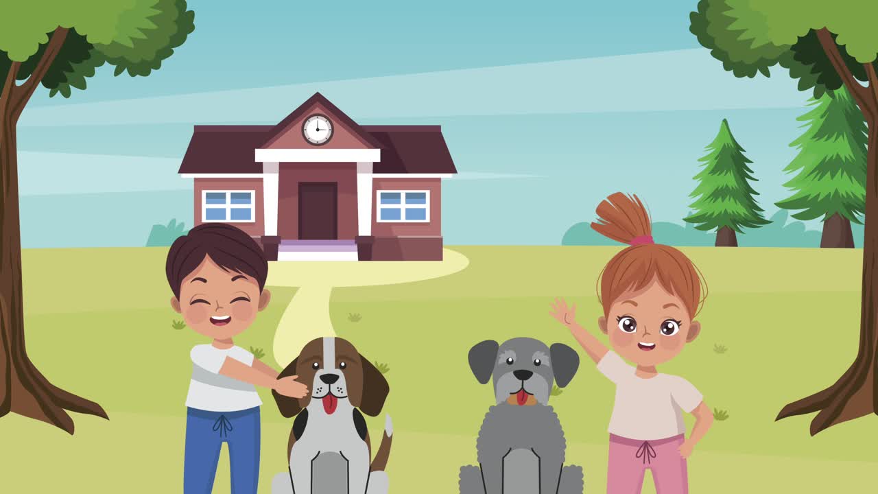 개와 놀고 있는 어린 아이들의 커플 애니메이션