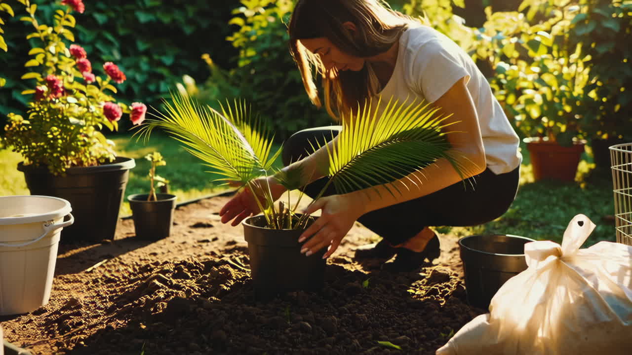 Woman Planting a Palm Tree in a Garden
