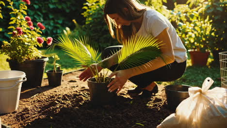 woman planting a palm tree in a garden