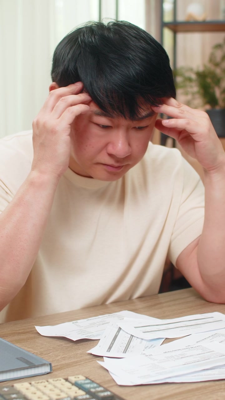 Asian man holding head over unpaid bills calculator and laptop on table showing financial stress