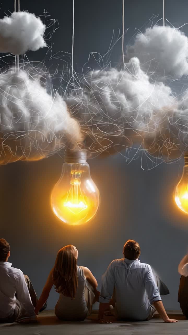 A Group of People Observing Creative Ideas Manifested as Light Bulbs Surrounded by Clouds, Symbolizing Inspiration and Brainstorming Moments